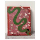 Authentic and original signed Mose T Folk featuring a Green Snake - with signature soda can tab hanger - 7-1/2 x 8-1/2