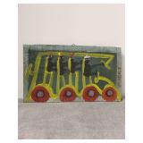 Authentic Signed Contemporary Artist Mose T Kids on Bus Folk Art - with signature soda can tab hanger - 13-1/4 x 7-5/8