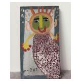 Authentic and original signed Mose T Folk featuring a princess type figure with frilly dress, ruby red lips and tiara - with signature soda can tab hanger - 8-3/4 x 16-1/4
