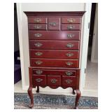 Bombay Company Queen Anne style mahogany jewelry chest with felt lined drawers - 26 x 16 x 46 tall
