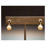NEW ITEM LISTING - Pair of 14K white gold post-back earrings with teardrop filled with clear & sapphire-like stones and pearl dangles