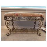 Hollywood Regency-Style Oval Wrought Iron Vanity Bench with tan & floral upholstery - 34 x 14 x 18 tall