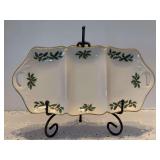 Lenox Holiday Holly Berry Fine China Utility Divided 3-Section Serving Tray - 13-1/4 x 6-1/2