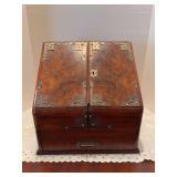 Victorian Burr Walnut Desk Organiser with Perpetual Calendar - 13-1/4 x 10-1/4 x 13-1/2 tall - leather writing desk area is in really good condition - no key