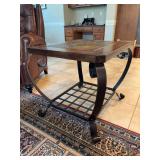 Riverside Harmony rectangular side table with rustic wooden-top, a dark metal frame and a lower grid storage shelf - 22-3/4 x 27-3/4 x 24-1/2 tall