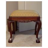 Vintage Chippendale-style mahogany footstool / vanity bench with cabriole legs and ball-and-claw feet - 21-3/4 x 19 x 20 tall