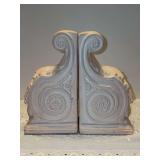 Pair of chalkware Neoclassical architectural corbel bookends with a scroll volute and floral rosette design - 4”w x 7-1/4” tall