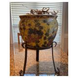 Round wrought iron plant stand with Chinese porcelain fishbowl - fishbowl is 10-1/4”D and height is 15-1/2 overall