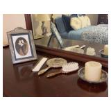 Grouping of silverplate items - picture frame, small dish with candle, TOWLE vanity set