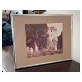 Sepia-toned old stone structure with Celtic headstones and other headstones in the foreground - 14-1/2 x 11-1/2