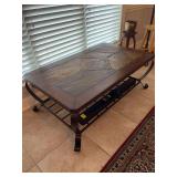 Riverside Harmony rectangular coffee table with rustic wooden-top, a dark metal frame and a lower grid storage shelf - 49-1/2 x 30 x 19 tall