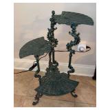Edwardian-style cast iron 3-tier plant stand featuring fan-shaped shelves and ornate scrollwork - 28-1/2” tall
