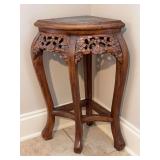 Vintage Chinese hand-carved hardwood and marble-top corner plant stand or accent table - 24” tall