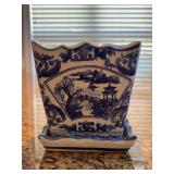 Blue and white porcelain scalloped edge planter and saucer featuring a traditional Chinese landscape, willow trees, and pagoda motif - 5-3/4” square x 6” tall