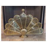 Vintage Brass Peacock Fan Folding Fireplace Screen - 37w x 26 tall