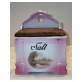 Very nice Vintage Czechoslovakia Victoria China Lusterware Wall-Hung Salt Box - 5-1/2 x 4-3/8 x 6-3/4 tall - damage to one side where connects to lid (see pics)