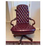 Solid wood frame tufted office chair with faux maroon leather upholstery and covered nailheads - 28 x 18-1/2 x 21 tall to seat (43-1/2 tall overall