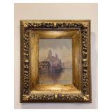 Signed G.Fiori Venetian lagoon or canal scene featuring sailboats and architecture framed in a very decorative gilt frame - 12 x 14