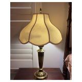 vintage brass table lamp with a fluted column base and a scalloped, floral-patterned fabric bell lampshade - 27-1/4” tall