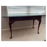 Crescent Manufacturing Queen Anne style solid Pennsylvania cherry 2-drawer console/library table with glass overlay (glass needs cleaned from having plants sitting on top) - 54 x 24 x 29-1/2 tall