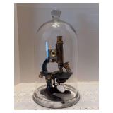 Antique 1927 Ernst Leitz Wetzlar Brass Microscope No. 195081 - displayed under a very heavy glass dome