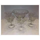 Vintage etched crystal pedestal dessert/sherbet or bowl with (5) matching sherbet glasses - 8-1/4”D x 6-1/2” tall - glasses are 5-1/2” tall