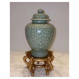 Very nice Andrea by Sadek Celadon Green Ginger Jar from the Chopsticks collection resting on gold tone stand - total height is 10”