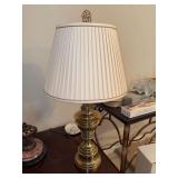 Great looking solid brass lamp with cream colored pleated shade - 30” tall - 3-way switch and in working condition