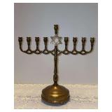 Vintage brass musical Hanukkah menorah (chanukiah) featuring a Star of David emblem - musical function works as it should - 11 x 11-1/4