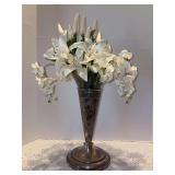 Sterling fluted vase with glass insert & artificial florals - vase stands 10-3/4” tall and weighs ? Grams - marked 7939 on bottom