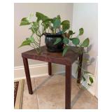 Small square table with small planter and live plant - table is 13-3/4” square x 13-3/4” tall