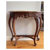 Louis XV-Style Half-Moon Console Table with an ornate carved wooden apron, cabriole legs, and a marble top - 34-1/4 x 12-1/4 x 33-1/4 tall
