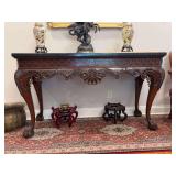 Vintage Mahogany Console Table with Marble-Look Top and Claw Feet - beautifully carved apron - 60 x 20 x 34-1/2 tall