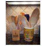 (2) utensil caddies and contents of wooden utensils - right caddy is ceramic by Cypress