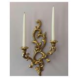 Pair of gold-tone resin decorative wall sconces with white tapered candles featuring- gold is peeling - 17-1/2” tall