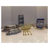 Grouping of silverplate and gold-tone serving pieces and cheese & buffet markers - holiday entertaining at its finest