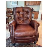 Bernhardt Furniture faux brown leather manual recliner with brass nailhead edging and mahogany legs - 32 x 20-1/2 x 21 tall to seat (41-1/2 tall overall) - in really good condition