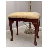 Queen Anne style vanity stool of super soft gold damask upholstery - 19 x 11-1/2 x 19-1/2 tall