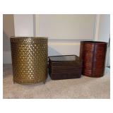 Grouping of (2) small bathroom trash cans & (4) mesh wire vanity baskets - basket on left is gold-tone basketweave metal with plaster liner (chipped on rim) & right is faux leather bound book motif
