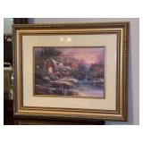 Signed & framed “Country Quiet" print by artist James Lee, depicting a scenic rustic cottage with a thatched roof near a calm river and bridge at sunset - 21 x 17