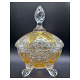 Clear Glass Footed Candy Dish w/Lid ~ Diamond Point, Gold Highlights - 8” tall