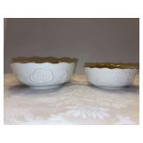 Pair of Lenox Rose Blossom / Rosebud Collection Bowls - featuring an embossed rose design and a scalloped 24-karat gold-trimmed rim