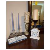 Grouping of nice home decor - clear glass candleholders, resin & faux wood candlesticks w/candles, blue & white trinket tray, ceramic decorative clock