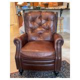 Bernhardt Furniture faux brown leather manual recliner with brass nailhead edging and mahogany legs - 32 x 20-1/2 x 21 tall to seat (41-1/2 tall overall) - in really good condition
