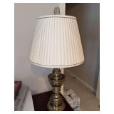Great looking solid brass lamp with cream colored pleated shade - 30” tall - 3-way switch and in working condition