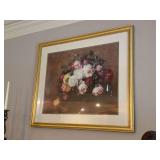 Very nice gold hole framed floral still life print - 33-1/2 x 28-1/2