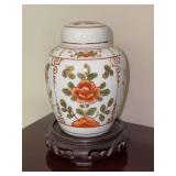 Beautiful lidded urn by Andrea of Sadek (8432) resting on carved wood base - 7-1/2” tall