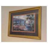 Nicely framed & signed floral seascape print by artist Joyce Pike, featuring a Mediterranean coastal terrace scene - 42-1/2 x 32-1/2