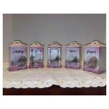 Very nice 5-piece set of Vintage Czechoslovakia Victoria China Lusterware Spice Jars - 2-1/2 x 2-1/4 x 4-1/2 tall