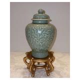 Very nice Andrea by Sadek Celadon Green Ginger Jar from the Chopsticks collection resting on gold tone stand - total height is 10”